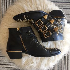 Chloe Susanna Black & Gold Studded Buckle Booties